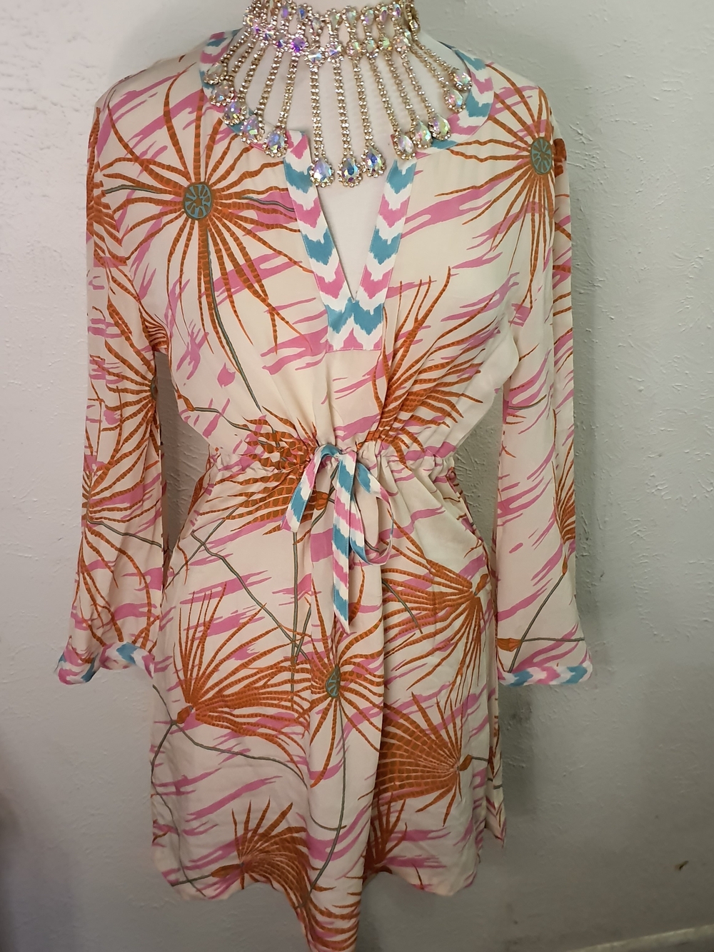 Cream Silk Tunic Dress with Pink & Rust Palm Print